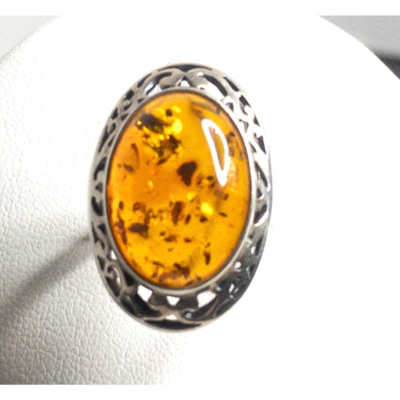 Amber Ring Sterling Silver Oval Poland Insect Inclusions Etched Valerio Size 7 - Picture 1 of 16